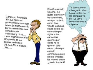 Garganta Rodrig
uez
En sus historias
generalmente su
mujer
se enoja mucho c
on él,
por sus reuniones
c on
la muñeca de
preescolar y otros
….
Lleva muchisimos
años
Chupando de las
cuotas sindicales
¡AL AULA! La alia
nz a
pide…..

Don Cuasimodo
Canché. Le
gusta el dinero y
es consumista,
aunque no tanto
como trini.
Vende las hojas
Rojas que le da
conmarito por
vigilar a los
carmelitas
quienes por
cierto no lo
quieren para
nada… dice que
cuando
conmarito era un
niño le limpiaba
los mocos ahora
¿qué le limpiará?

Ya descubrieron
mi negocito y las
hojas verdes no
las compran ya
sé! Le voy a
llevar chismes a
mi paisa…..

 