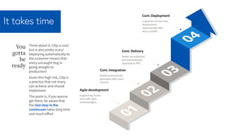 It takes time
Cont. Delivery
Builds are published
and automatically
deployed to PPE.
Cont. Deployment
Customers receive new
deployments
automatically after
every commit.
Cont. Integration
Builds automatically
generated after every
commit.
Agile development
Engineering Teams
work with Agile
methodologies.
Think about it, CDp is cool
but is also pretty scary!
Deploying automatically to
the customer means that
every uncaught bug is
going straight to
production!
Given this high risk, CDp is
a practice that not many
can achieve and should
implement.
The point is, if you wanna
get there, be aware that
this last step in the
continuum takes long time
and much effort.
You
gotta
be
ready
 