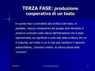 29/05/2010a cura di Annarita Ruberto11TERZA FASE: produzione cooperativa di un testo    In questa fase si procederà alla scrittura del testo. In parallelo, ciascun componente del gruppo sarà stimolato a produrre un’analisi sulla natura dell’interazione che è stata sperimentata, sui significati e sullo stile della scrittura che ne è scaturita, sul modo in cui la rete può cambiare il rapporto autore/lettore, i processi creativi, la natura stessa dello “scrivere”.