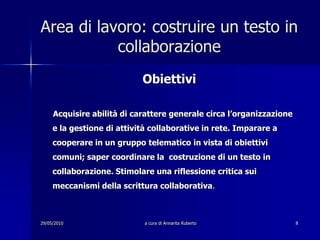 29/05/2010a cura di Annarita Ruberto8Area di lavoro: costruire un testo in collaborazioneObiettiviAcquisire abilità di carattere generale circa l’organizzazione  e la gestione di attività collaborative in rete. Imparare a cooperare in un gruppo telematico in vista di obiettivi comuni; saper coordinare la  costruzione di un testo in collaborazione. Stimolare una riflessione critica sui meccanismi della scrittura collaborativa.