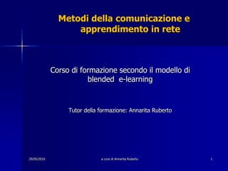 29/05/2010 a cura di Annarita Ruberto 1 Metodi della comunicazione e                          apprendimento in rete Corso di formazione secondo il modello di blended  e-learning Tutor della formazione: Annarita Ruberto 