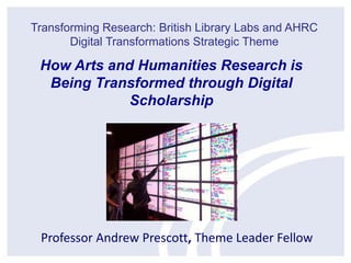 Transforming Research: British Library Labs and AHRC
Digital Transformations Strategic Theme

How Arts and Humanities Research is
Being Transformed through Digital
Scholarship

Professor Andrew Prescott, Theme Leader Fellow

 