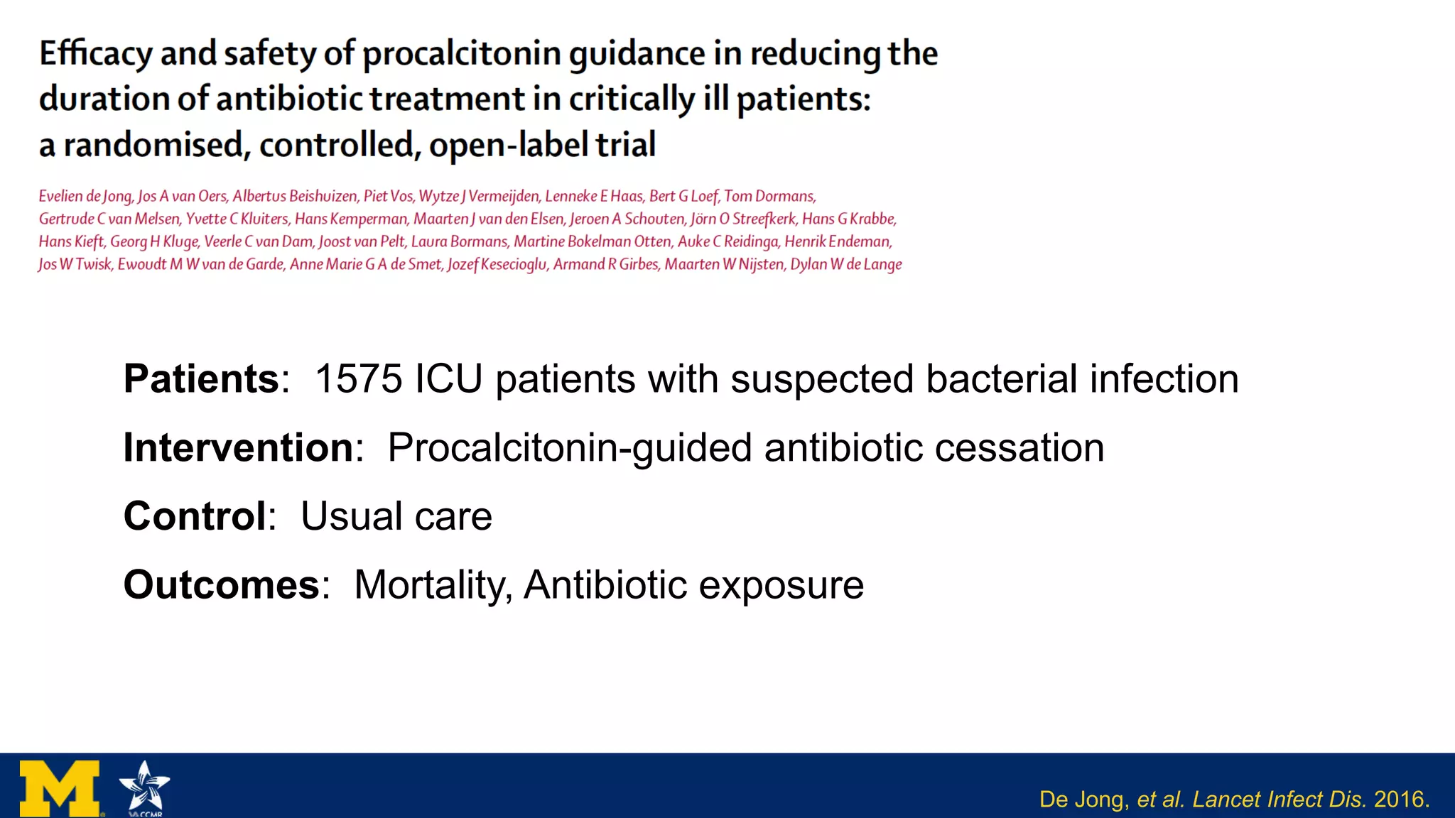 Patients: 1575 ICU patients with suspected bacterial infection
Intervention: Procalcitonin-guided antibiotic cessation
Control: Usual care
Outcomes: Mortality, Antibiotic exposure
De Jong, et al. Lancet Infect Dis. 2016.
 