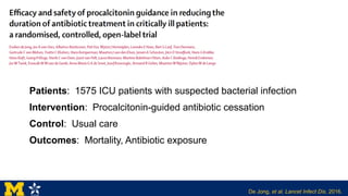 Patients: 1575 ICU patients with suspected bacterial infection
Intervention: Procalcitonin-guided antibiotic cessation
Control: Usual care
Outcomes: Mortality, Antibiotic exposure
De Jong, et al. Lancet Infect Dis. 2016.
 