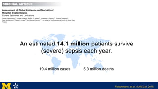 Fleischmann, et al. AJRCCM. 2016.
19.4 million cases 5.3 million deaths
An estimated 14.1 million patients survive
(severe) sepsis each year.
 