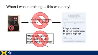 "Make sure to finish
your course, or you
might breed resistance!”
When I was in training… this was easy!
“For complicated UTI,
treat for 7-14 days”
7 days if low-risk
10 days if medium-risk
14 days if high-risk
 