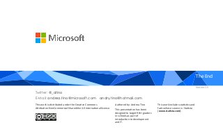THANK YOU
Twitter: @_atino
This work is distributed under the Creative Commons
Attribution-NonCommercial-ShareAlike 4.0 International license.
Authored by: Andrea Tino This work includes statistics and
facts whose source is: Statista
(www.statista.com).This presentation has been
designed to target 9th+ graders
in schools as part of
introduction to development
and IT.
andry.tino@hotmail.comE-Mail: andrea.tino@microsoft.com
Version: 1.5
The End
 