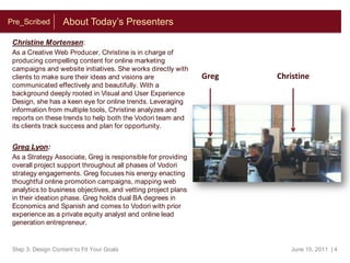 Webinar Series Overview6 Modules about Developing a Successful Online Marketing Program for Biotech, Pharmaceutical and Healthcare CompaniesPlease stay in touch with us through Twitter by following us @Pre_Scribed and also by checking our Pre_Scribed page (http://www.vodori.com/pre-scribed.html) for updates.1Define Goals for Your Global Online Marketing Program2Find Partners & Devise a Game Plan3Design Content to Fit Your Goals4Coordinate your Channels5Implement Your Program6Evaluate Your Success, Maintain Momentum, and Grow Your ProgramStep 3: Design Content to Fit Your GoalsJune 15, 2011  | 2