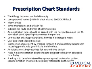 The Allergy box must not be left empty  Use approved names (rINN) in black ink and BLOCK CAPITALS  Metric doses  Write micrograms and units in full  Indicate the route and times of administration  Administration times should be agreed with the nursing team and the 24-hour clock used. Specify precise times if important.  Do not alter existing prescriptions. Rewrite if a change is made.  Only one chart should be active  Discontinue a treatment by crossing through it and cancelling subsequent recording panels. Add your initials and the date.  Antibiotics must be prescribed for a stated time period.  Place X in administration box to indicate drug not to be given at specific time & day  If a drug is to be administered by a pre-prepared protocol or patient specific direction this must be explicitly referred to on the chart   Prescription Chart Standards 