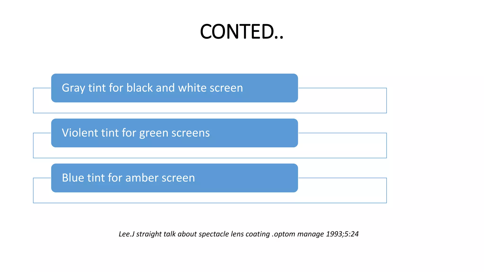 CONTED..
Gray tint for black and white screen
Violent tint for green screens
Blue tint for amber screen
Lee.J straight talk about spectacle lens coating .optom manage 1993;5:24
 