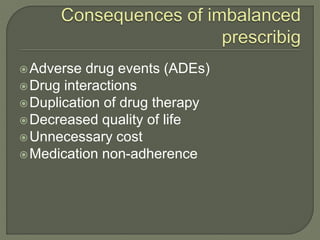 Adverse drug events (ADEs)
Drug interactions
Duplication of drug therapy
Decreased quality of life
Unnecessary cost
Medication non-adherence
 