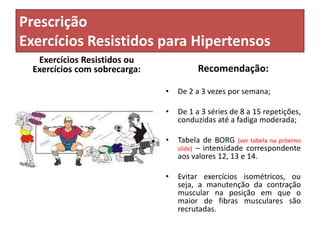 Prescrição
Exercícios Resistidos para Hipertensos
Exercícios Resistidos ou
Exercícios com sobrecarga: Recomendação:
• De 2 a 3 vezes por semana;
• De 1 a 3 séries de 8 a 15 repetições,
conduzidas até a fadiga moderada;
• Tabela de BORG (ver tabela na próximo
slide) – intensidade correspondente
aos valores 12, 13 e 14.
• Evitar exercícios isométricos, ou
seja, a manutenção da contração
muscular na posição em que o
maior de fibras musculares são
recrutadas.
 