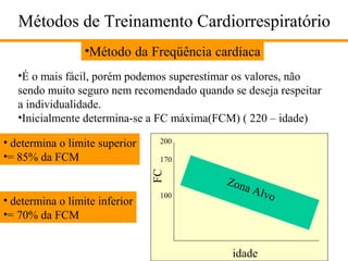 Métodos de Treinamento Cardiorrespiratório
•Método da Freqüência cardíaca
•É o mais fácil, porém podemos superestimar os valores, não
sendo muito seguro nem recomendado quando se deseja respeitar
a individualidade.
•Inicialmente determina-se a FC máxima(FCM) ( 220 – idade)
200
170

FC

• determina o limite superior
•= 85% da FCM

• determina o limite inferior
•= 70% da FCM

100

Zon
a

Alvo

idade

 