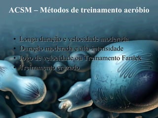 ACSM – Métodos de treinamento aeróbio Longa duração e velocidade moderada Duração moderada e alta intensidade Jogo de velocidade ou Treinamento Fartlek Treinamento cruzado 