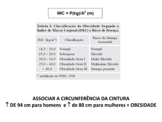 ASSOCIAR A CIRCUNFERÊNCIA DA CINTURA
 DE 94 cm para homens e  de 80 cm para mulheres = OBESIDADE
 