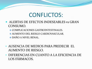 CONFLICTOS:
 ALERTAS DE EFECTOS INDESEABLES vs GRAN

CONSUMO.
 COMPLICACIONES GASTROINTESTINALES.
 AUMENTO DEL RIESGO CARDIOVASCULAR.
 DAÑO A NIVEL RENAL.

• AUSENCIA DE MEDIOS PARA PREDECIR EL

AUMENTO DE RIESGO.
• DIFERENCIAS EN CUANTO A LA EFICIENCIA DE
LOS FÁRMACOS.

 