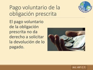 Pago voluntario de la
obligación prescrita
El pago voluntario
de la obligación
prescrita no da
derecho a solicitar
la devolución de lo
pagado.
Art. 49° C.T.
 