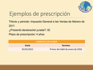Ejemplos de prescripción
Tributo y periodo: Impuesto General a las Ventas de febrero de
2011
¿Presentó declaración jurada?: SÍ.
Plazo de prescripción: 4 años
COMPUTO DE PLAZOS
Inicio Termino
01/01/2012 Primer día hábil de enero de 2016
 