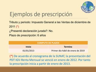 Ejemplos de prescripción
Tributo y periodo: Impuesto General a las Ventas de diciembre de
2011 (*)
¿Presentó declaración jurada?: No.
Plazo de prescripción: 6 años
COMPUTO DE PLAZOS
Inicio Termino
01/01/2013 Primer día hábil de enero de 2019
(*) De acuerdo al cronograma de la SUNAT, la presentación del
PDT IGV-Renta Mensual se venció en enero de 2012. Por tanto
la prescripción inicia a partir de enero de 2013.
 