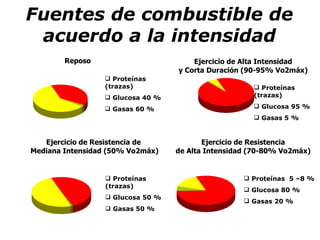 Reposo Ejercicio de Alta Intensidad y Corta Duración (90-95% Vo2máx) Ejercicio de Resistencia de Alta Intensidad (70-80% Vo2máx) Ejercicio de Resistencia de  Mediana Intensidad (50% Vo2máx) Fuentes de combustible de acuerdo a la intensidad Proteínas  (trazas) Glucosa 40 % Gasas 60 % Proteínas  (trazas) Glucosa 95 % Gasas 5 % Proteínas  (trazas) Glucosa 50 % Gasas 50 % Proteínas  5 –8 % Glucosa 80 % Gasas 20 % 