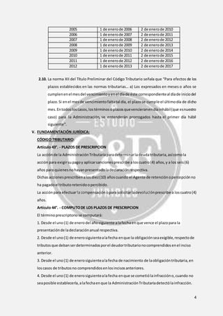 4
2005 1 de enerode 2006 2 de enerode 2010
2006 1 de enerode 2007 2 de enerode 2011
2007 1 de enerode 2008 2 de enerode 2012
2008 1 de enerode 2009 2 de enerode 2013
2009 1 de enerode 2010 2 de enerode 2014
2010 1 de enerode 2011 2 de enerode 2015
2011 1 de enerode 2012 2 de enerode 2016
2012 1 de enerode 2013 2 de enerode 2017
2.10. La norma XII del Título Preliminar del Código Tributario señala que “Para efectos de los
plazos establecidos en las normas tributarias… a) Los expresados en meses o años se
cumplenenel mesdel vencimientoyenel díade éste correspondienteal díade iniciodel
plazo.Si enel mesde vencimientofaltatal día, el plazose cumple el últimodía de dicho
mes.Entodosloscasos,lostérminosoplazosquevencieranendíainhábil(que esnuestro
caso) para la Administración, se entenderán prorrogados hasta el primer día hábil
siguiente”.
V. FUNDAMENTACIÓN JURÍDICA:
CÓDIGO TRIBUTARIO:
Artículo 43°. - PLAZOS DE PRESCRIPCION
La acciónde la AdministraciónTributariaparadeterminarladeudatributaria,asícomola
acción para exigirsupagoy aplicarsancionesprescribe aloscuatro(4) años,y a los seis(6)
años para quienesnohayanpresentadoladeclaraciónrespectiva.
Dichasaccionesprescribenalosdiez(10) añoscuando el Agente de retenciónopercepciónno
ha pagadoel tributoretenidoopercibido.
La acciónpara efectuarlacompensaciónopara solicitarladevoluciónprescribe a loscuatro(4)
años.
Artículo 44°. - COMPUTODE LOS PLAZOS DE PRESCRIPCION
El términoprescriptoriose computará:
1. Desde el uno(1) de enerodel añosiguiente alafechaenque vence el plazopara la
presentaciónde ladeclaraciónanual respectiva.
2. Desde el uno(1) de enerosiguientealafecha enque la obligaciónseaexigible,respectode
tributosque debanserdeterminadosporel deudortributarionocomprendidosenel inciso
anterior.
3. Desde el uno(1) de enerosiguientealafecha de nacimiento de laobligacióntributaria,en
loscasos de tributosno comprendidosenlosincisosanteriores.
4. Desde el uno(1) de enerosiguientealafecha enque se cometiólainfraccióno,cuando no
seaposible establecerla,alafechaenque la AdministraciónTributariadetectólainfracción.
 