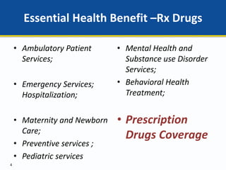 Essential Health Benefit –Rx Drugs
• Ambulatory Patient
Services;
• Emergency Services;
Hospitalization;
• Maternity and Newborn
Care;
• Preventive services ;
• Pediatric services
• Mental Health and
Substance use Disorder
Services;
• Behavioral Health
Treatment;
• Prescription
Drugs Coverage
4
 