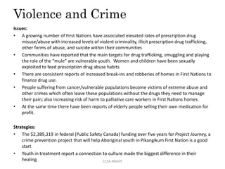 Violence and Crime
Issues:
• A growing number of First Nations have associated elevated rates of prescription drug
misuse/abuse with increased levels of violent criminality, illicit prescription drug trafficking,
other forms of abuse, and suicide within their communities
• Communities have reported that the main targets for drug trafficking, smuggling and playing
the role of the “mule” are vulnerable youth. Women and children have been sexually
exploited to feed prescription drug abuse habits
• There are consistent reports of increased break-ins and robberies of homes in First Nations to
finance drug use.
• People suffering from cancer/vulnerable populations become victims of extreme abuse and
other crimes which often leave these populations without the drugs they need to manage
their pain; also increasing risk of harm to palliative care workers in First Nations homes.
• At the same time there have been reports of elderly people selling their own medication for
profit.
Strategies:
• The $2,389,319 in federal (Public Safety Canada) funding over five years for Project Journey, a
crime prevention project that will help Aboriginal youth in Pikangikum First Nation is a good
start
• Youth in treatment report a connection to culture made the biggest difference in their
healing CCSA.NNAPF
 
