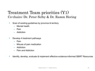 Treatment Team priorities (Y1)
Co-chairs: Dr. Peter Selby & Dr. Ramm Hering
www.ccsa.ca • www.cclt.ca 31
• Scan of existing guidelines by province & territory
– Mental health
– Pain
– Addiction
• Develop 4 treatment pathways
– Pain
– Misuse of pain medication
– Addiction
– Pain and Addiction
• Identify, develop, evaluate & implement effective evidence-informed SBIRT Resources
 