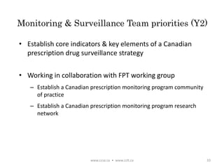 Monitoring & Surveillance Team priorities (Y2)
• Establish core indicators & key elements of a Canadian
prescription drug surveillance strategy
• Working in collaboration with FPT working group
– Establish a Canadian prescription monitoring program community
of practice
– Establish a Canadian prescription monitoring program research
network
www.ccsa.ca • www.cclt.ca 33
 