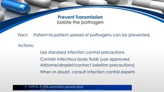 Prevent Transmission
Isolate the pathogen
Fact: Patient-to-patient spread of pathogens can be prevented.
Actions:
• Use standard infection control precautions
• Contain infectious body fluids (use approved
Airborne/droplet/contact isolation precautions)
• When in doubt, consult infection control experts
 Link to: A VRE prevention success story
 Link to: CDC isolation guidelines and recommendations
 