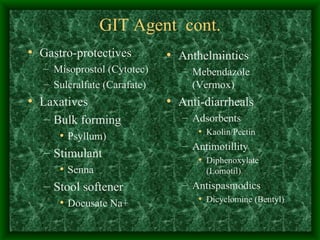 GIT Agent  cont. Gastro-protectives Misoprostol (Cytotec) Sulcralfate (Carafate)  Laxatives Bulk forming Psyllum) Stimulant Senna  Stool softener Docusate Na+ Anthelmintics Mebendazole (Vermox) Anti-diarrheals Adsorbents Kaolin/Pectin Antimotillity Diphenoxylate (Lomotil) Antispasmodics Dicyclomine (Bentyl) 