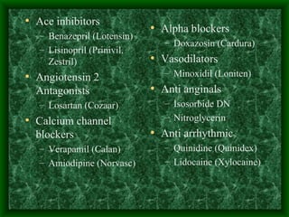 Ace inhibitors Benazepril (Lotensin) Lisinopril (Prinivil, Zestril) Angiotensin 2 Antagonists Losartan (Cozaar) Calcium channel blockers Verapamil (Calan) Amiodipine (Norvasc) Alpha blockers Doxazosin (Cardura) Vasodilators Minoxidil (Loniten) Anti anginals Isosorbide DN Nitroglycerin Anti arrhythmic Quinidine (Quinidex) Lidocaine (Xylocaine) 