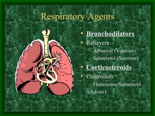 Respiratory Agents Bronchodilators Relievers Albuterol (Ventolin) Salmeterol (Serevent) Corticosteroids Controllers Fluticasone/Salmeterol (Advair) 