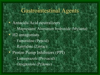 Gastrointestinal Agents Antacids/Acid neutralizers Magnesium/ Aluminum hydroxide (Mylanta) H2 antagonists Famotidine (Pepcid) Ranitidine (Zantac) Proton Pump Inhibitors (PPI) Lansoprazole (Prevacid) Omeprazole (Prilosec) 