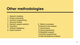 Other methodologies
18
1. Network modeling
2. Project scheduling
3. Dynamic programming
4. Queuing models
5. Decision support systems
6. Heuristics
7. Artificial intelligence
8. Expert systems
9. Markov processes
10.Decision tree analysis
11.Game theory
12.Goal programming
13.Reliability analysis
14.Genetic programming
15.Data development analysis
 