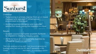 Challenge
• Transitioning in a timely manner from an in-house
managed and operated IT infrastructure
environment to the cloud
• Avoiding business disruption and customer
satisfaction issues during the migration to cloud
Results
• Scalable solution that better positions Sunburst
to respond to changing industry cycles
• Ability to focus on core hospitality business by
offloading cloud management
“Dell is an extension of my staff. I can focus on growing my
business while Dell runs our DC and IT operations in the
Cloud.” - Mark Elbaum, VP of Information Systems
 