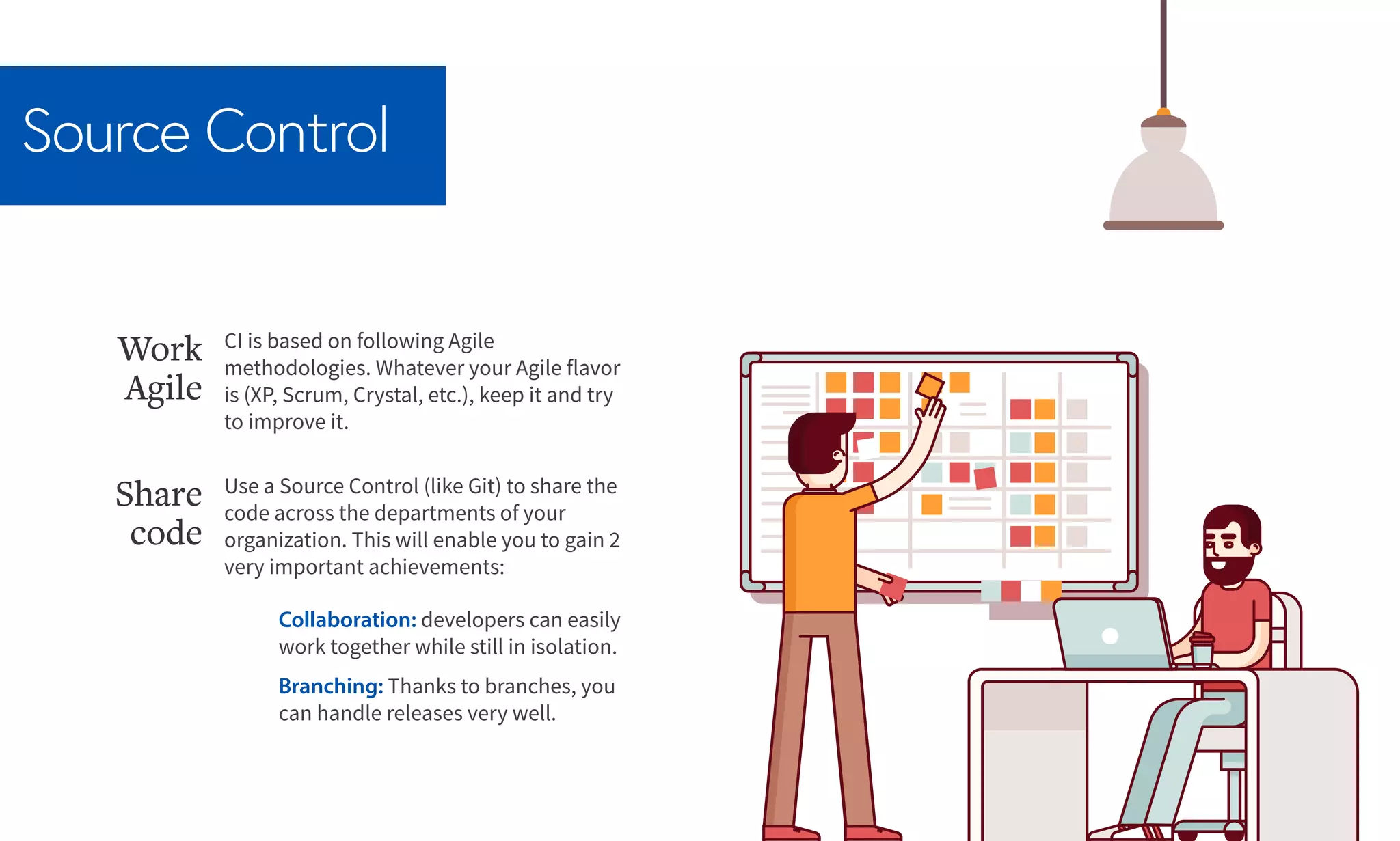 Source Control
CI is based on following Agile
methodologies. Whatever your Agile flavor
is (XP, Scrum, Crystal, etc.), keep it and try
to improve it.
Work
Agile
Use a Source Control (like Git) to share the
code across the departments of your
organization. This will enable you to gain 2
very important achievements:
Share
code
Collaboration: developers can easily
work together while still in isolation.
Branching: Thanks to branches, you
can handle releases very well.
 