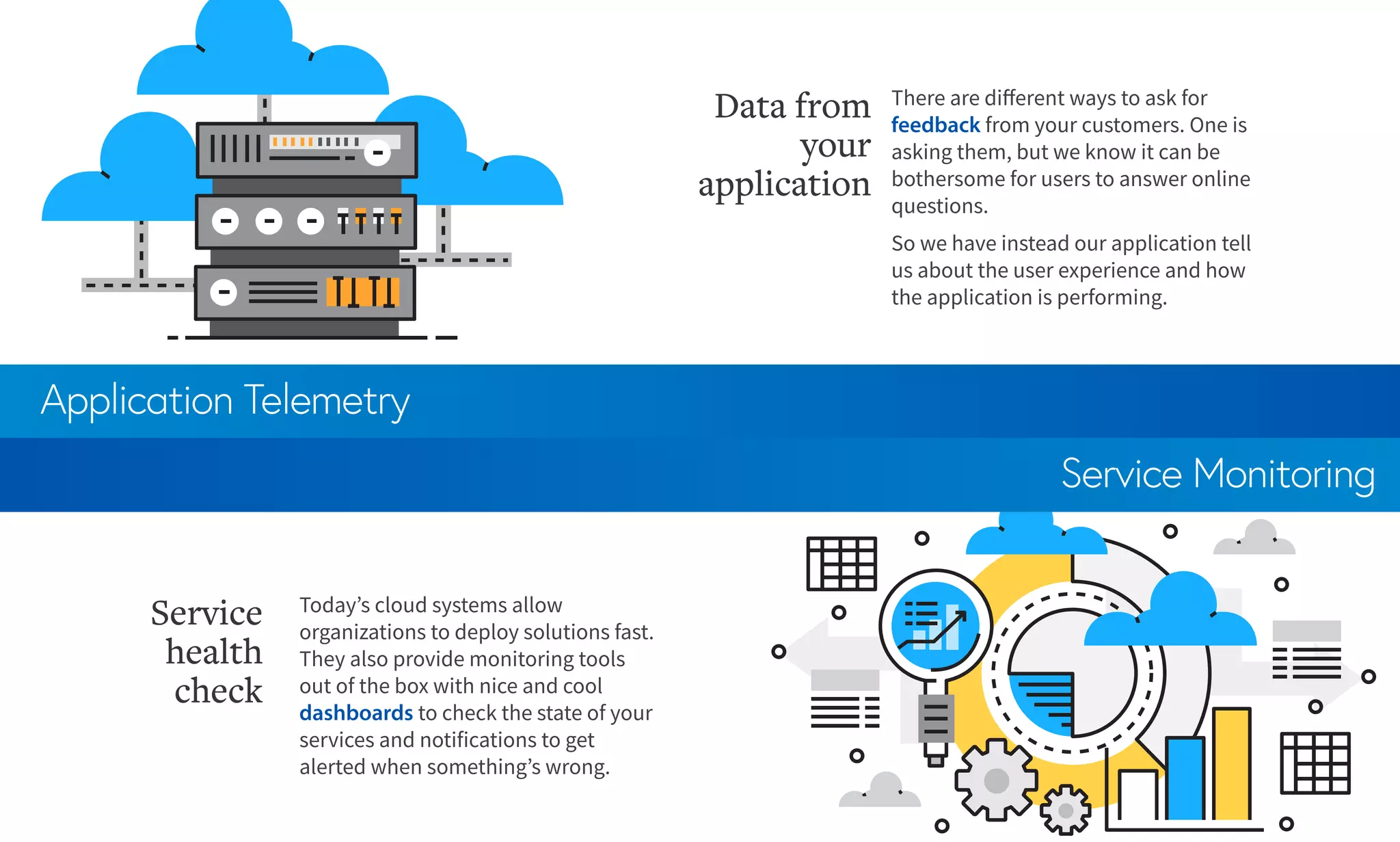 Application Telemetry
Service Monitoring
There are different ways to ask for
feedback from your customers. One is
asking them, but we know it can be
bothersome for users to answer online
questions.
So we have instead our application tell
us about the user experience and how
the application is performing.
Data from
your
application
Today’s cloud systems allow
organizations to deploy solutions fast.
They also provide monitoring tools
out of the box with nice and cool
dashboards to check the state of your
services and notifications to get
alerted when something’s wrong.
Service
health
check
 