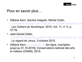 Pour en savoir plus…
• Gilliane Kern, Sandra Holgado, Michel Cottin.
« Cinquante nuances de cycle de vie. Quelles évolutions po
. Les Cahiers du Numérique. 2015, Vol. 11, n 2, p.ᵒ
37 76.‑
• Jean-Daniel Zeller,
« Notes de lectureCinquante nuances de cycles de vie – Qu
. Le regard de Janus. 3 octobre 2015.
• Gilliane Kern. Le cycle de vie [en ligne, inscription
jusqu’au 31.10.2015]. Conservatoire national des arts
et métiers (CNAM), 2015.
17
 