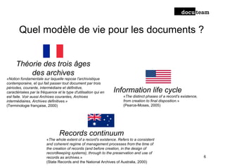 Quel modèle de vie pour les documents ?
6
Théorie des trois âges
des archives
Information life cycle
Records continuum
«Notion fondamentale sur laquelle repose l'archivistique
contemporaine, et qui fait passer tout document par trois
périodes, courante, intermédiaire et définitive,
caractérisées par la fréquence et le type d'utilisation qui en
est faite. Voir aussi Archives courantes, Archives
intermédiaires, Archives définitives.»
(Terminologie française, 2000)
«The distinct phases of a record's existence,
from creation to final disposition.»
(Pearce-Moses, 2005)
«The whole extent of a record's existence. Refers to a consistent
and coherent regime of management processes from the time of
the creation of records (and before creation, in the design of
recordkeeping systems), through to the preservation and use of
records as archives.»
(State Records and the National Archives of Australia, 2000)
 