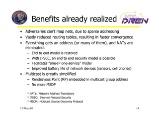 Benefits already realized
•  Adversaries can’t map nets, due to sparse addressing
•  Vastly reduced routing tables, resulting in faster convergence
•  Everything gets an address (or many of them), and NATs are
   eliminated.
     –    End to end model is restored
     –    With IPSEC, an end to end security model is possible
     –    Facilitates “one-IP one-service” model
     –    Improved battery life of network devices (sensors, cell phones)
•  Multicast is greatly simplified
     –  Rendezvous Point (RP) embedded in multicast group address
     –  No more MSDP

     * NATs: Network Address Translators
     * IPSEC: Internet Protocol Security
     * MSDP: Multicast Source Discovery Protocol

17-May-10                                                                   14
 