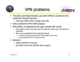 VPN problems
•  Travelers and telecommuters use client VPNs to connect to the
   corporate Intranet securely
     –  Like Cisco IPSEC VPN or Juniper SSL VPN
•  Only tunnels the IPv4 traffic (today)
•  IPv6 traffic, if supported at all, goes outside this tunnel
     –  IPv6 traffic is now in the clear over the Internet, where user may think it is
        protected
     –  But it may be blocked by the corporate firewall
            •  Seriously impacts performance for IPv6-enabled remote users.
            •  Users disable IPv6 to fix it (bad scenario)
•  Solution:
     –  Deploy ISATAP to Intranet.
     –  But MACs don’t have ISATAP client support.



17-May-10                                                                            25
 