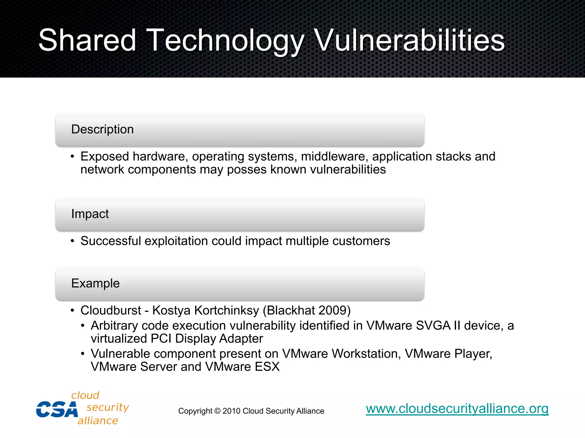 Shared Technology Vulnerabilities

  Description

  • Exposed hardware, operating systems, middleware, application stacks and
    network components may posses known vulnerabilities


  Impact

  • Successful exploitation could impact multiple customers


  Example

  • Cloudburst - Kostya Kortchinksy (Blackhat 2009)
    • Arbitrary code execution vulnerability identified in VMware SVGA II device, a
      virtualized PCI Display Adapter
    • Vulnerable component present on VMware Workstation, VMware Player,
      VMware Server and VMware ESX


                     Copyright © 2010 Cloud Security Alliance   www.cloudsecurityalliance.org
 