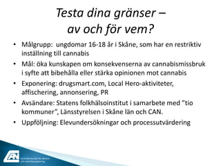 Testa dina gränser –
                                    av och för vem?
• Målgrupp: ungdomar 16-18 år i Skåne, som har en restriktiv
  inställning till cannabis
• Mål: öka kunskapen om konsekvenserna av cannabismissbruk
  i syfte att bibehålla eller stärka opinionen mot cannabis
• Exponering: drugsmart.com, Local Hero-aktiviteter,
  affischering, annonsering, PR
• Avsändare: Statens folkhälsoinstitut i samarbete med ”tio
  kommuner”, Länsstyrelsen i Skåne län och CAN.
• Uppföljning: Elevundersökningar och processutvärdering



  Centralförbundet för alkohol-
  och narkotikaupplysning
 