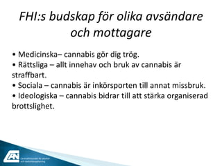 FHI:s budskap för olika avsändare
           och mottagare
• Medicinska– cannabis gör dig trög.
• Rättsliga – allt innehav och bruk av cannabis är
straffbart.
• Sociala – cannabis är inkörsporten till annat missbruk.
• Ideologiska – cannabis bidrar till att stärka organiserad
brottslighet.




  Centralförbundet för alkohol-
  och narkotikaupplysning
 