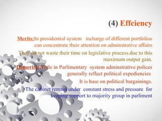 (4) Effciency
Merits:In presidential system incharge of different portfolios
can concentrate their attention on adminstrative affairs
They do not waste their time on legislative process.due to this
maximum output gain.
Demerits:While in Parlimentary system adminstrative polices
generally reflect political expediencies
It is base on political bargainings.
The cabinet remain under constant stress and pressure for
keeping support to majority group in parliment
 