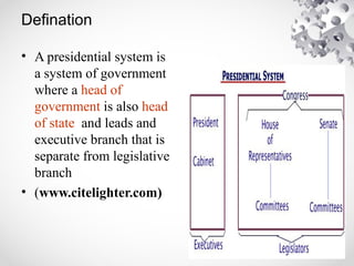 Defination
• A presidential system is
a system of government
where a head of
government is also head
of state and leads and
executive branch that is
separate from legislative
branch
• (www.citelighter.com)
 