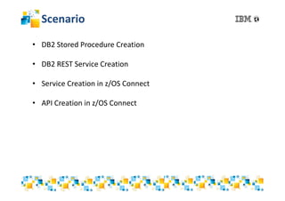 Scenario
• DB2 Stored Procedure Creation
• DB2 REST Service Creation
• Service Creation in z/OS Connect
• API Creation in z/OS Connect
 
