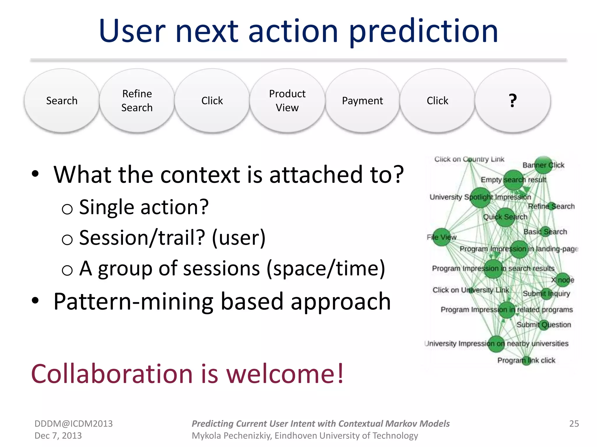 User next action prediction
Search
Refine
Search
PaymentClick
Product
View
Click ?
• What the context is attached to?
o Single action?
o Session/trail? (user)
o A group of sessions (space/time)
• Pattern-mining based approach
Collaboration is welcome!
DDDM@ICDM2013
Dec 7, 2013
25Predicting Current User Intent with Contextual Markov Models
Mykola Pechenizkiy, Eindhoven University of Technology
 