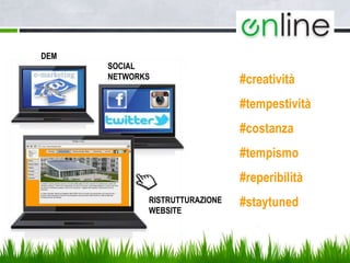 DEM
SOCIAL
NETWORKS
RISTRUTTURAZIONE
WEBSITE
#creatività
#tempestività
#costanza
#tempismo
#reperibilità
#staytuned
 